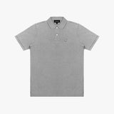 Gray polo shirt with a small logo on a white background
