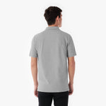 Back picture of a man wearing a gray polo shirt on a white background