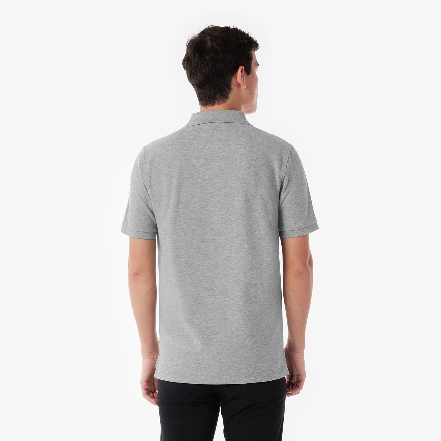 Back picture of a man wearing a gray polo shirt on a white background