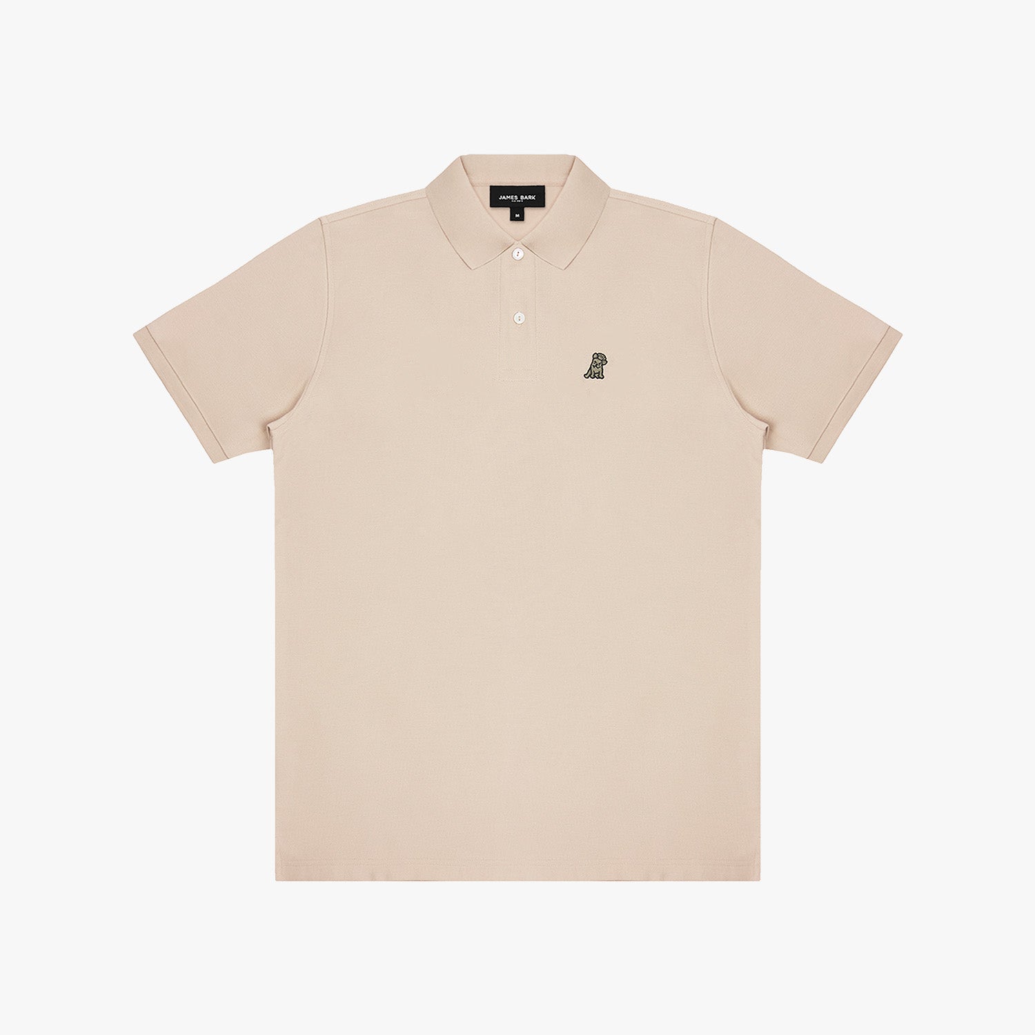 Beige polo shirt with a small logo on a white background
