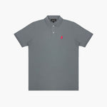 Gray polo shirt with a red logo on a white background