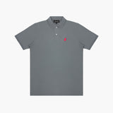 Gray polo shirt with a red logo on a white background