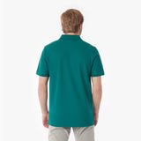 Back picture of a man wearing a teal polo shirt on a white background