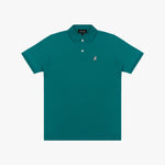 Teal polo shirt with a small logo on a light gray background