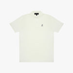 White polo shirt with a small logo on a white background
