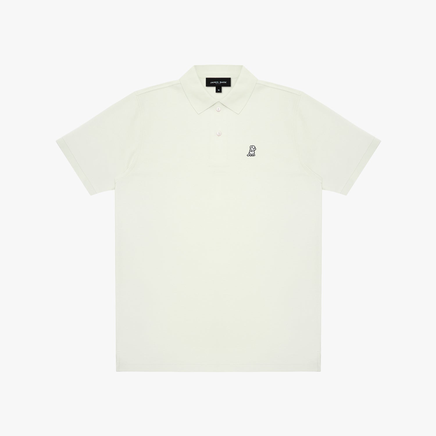 White polo shirt with a small logo on a white background