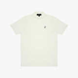 White polo shirt with a small logo on a white background