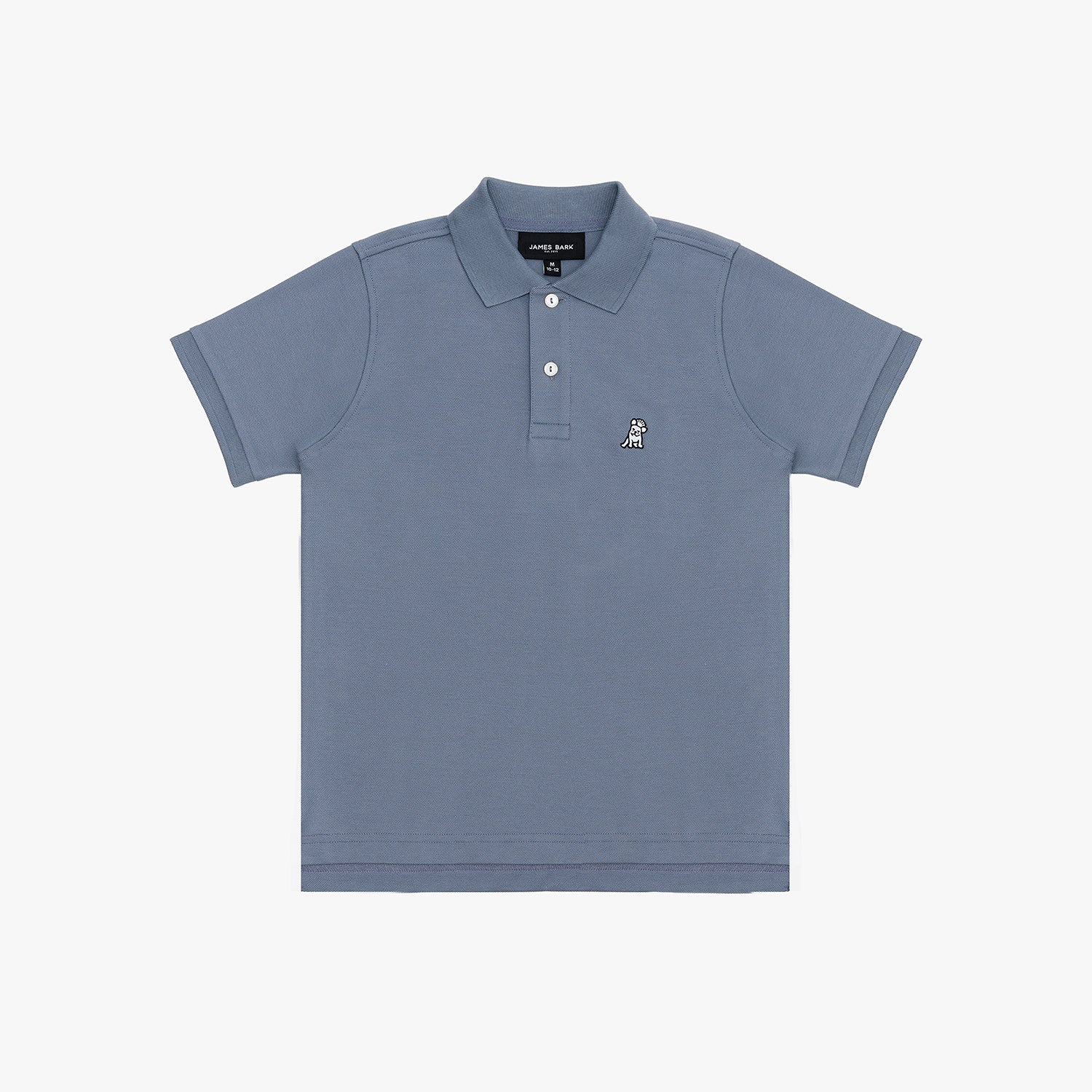 A dusty blue polo shirt with a three-button placket and a small embroidered dog logo on the left chest, displayed flat against a light gray background.