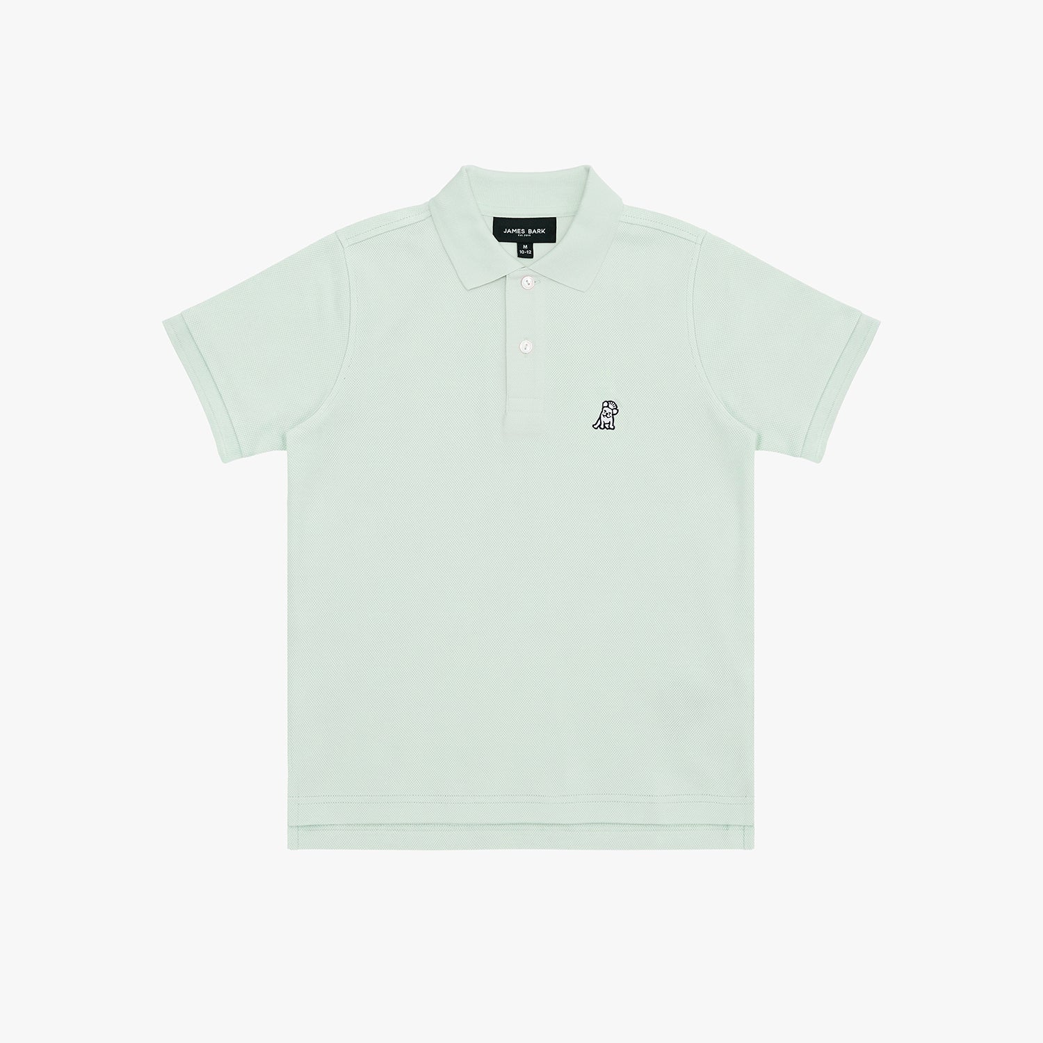 A light mint green polo shirt for kids, featuring a small embroidered logo on the left chest and a black brand label on the collar