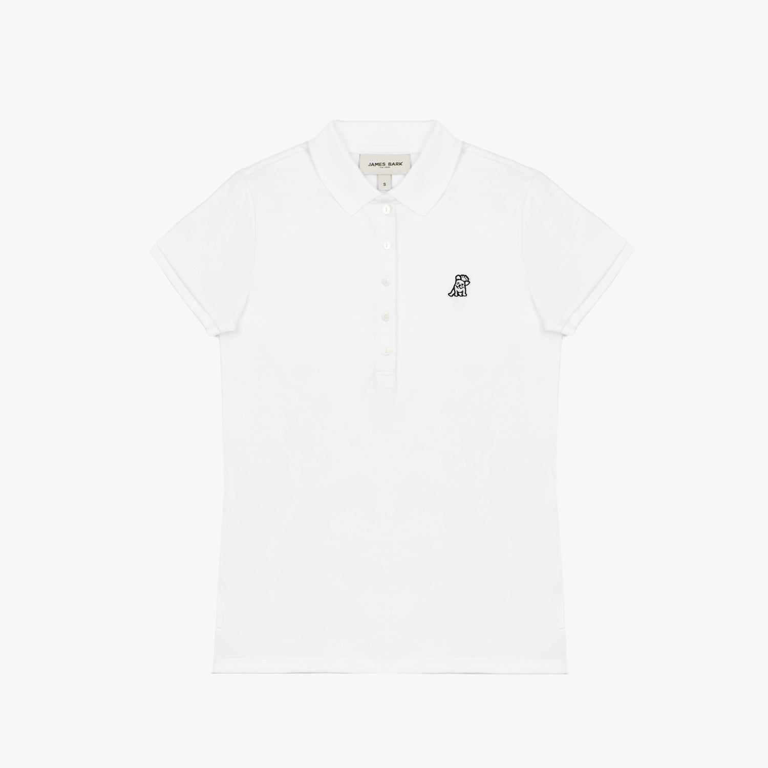 Flat-lay view of the white polo shirt with button details and black logo on the chest.
