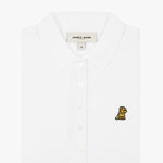 Flat-lay view of the white polo shirt, showcasing the button details and black logo on the chest.