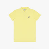 Flat-lay front view of the yellow polo shirt showcasing the button collar and embroidered logo