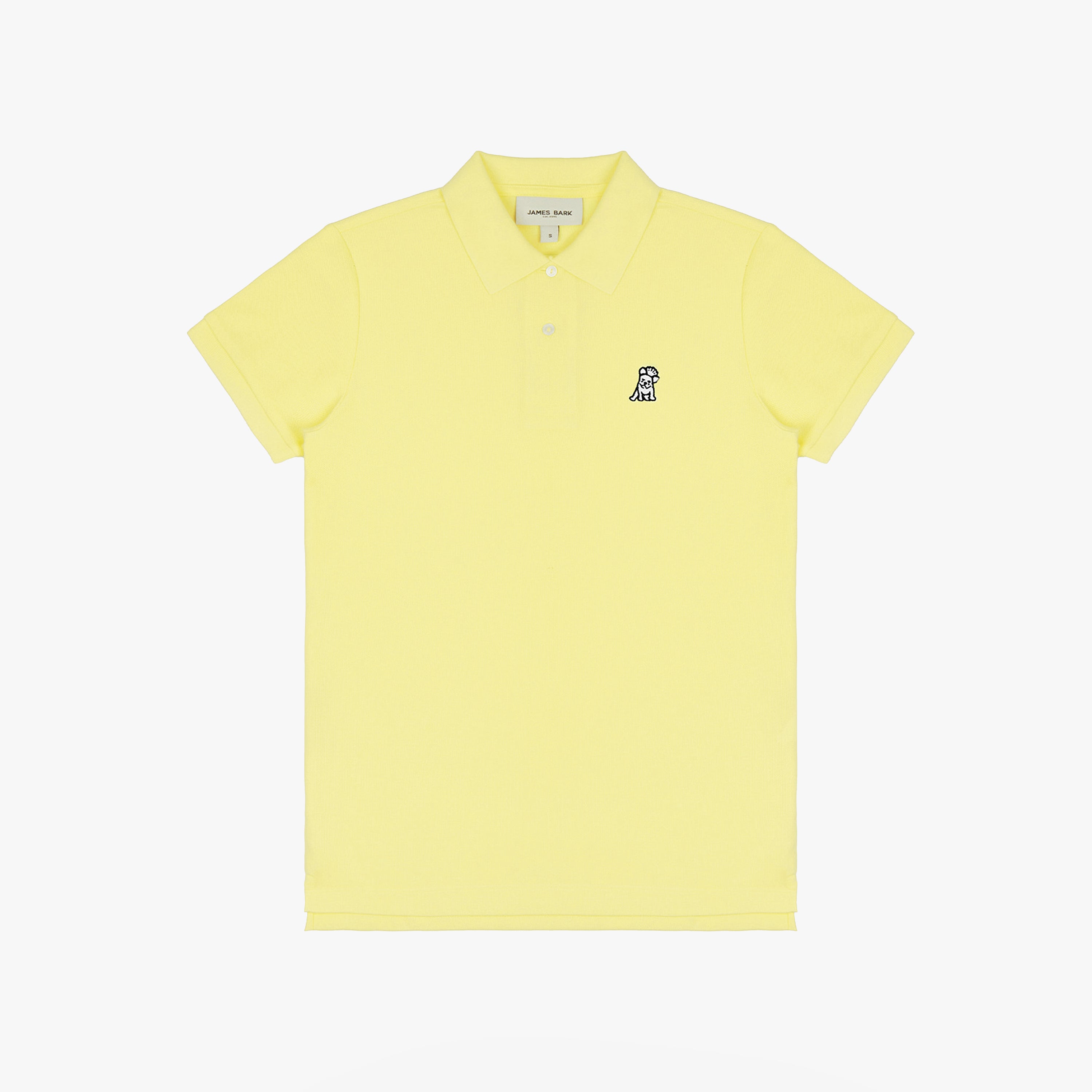 Flat-lay front view of the yellow polo shirt showcasing the button collar and embroidered logo