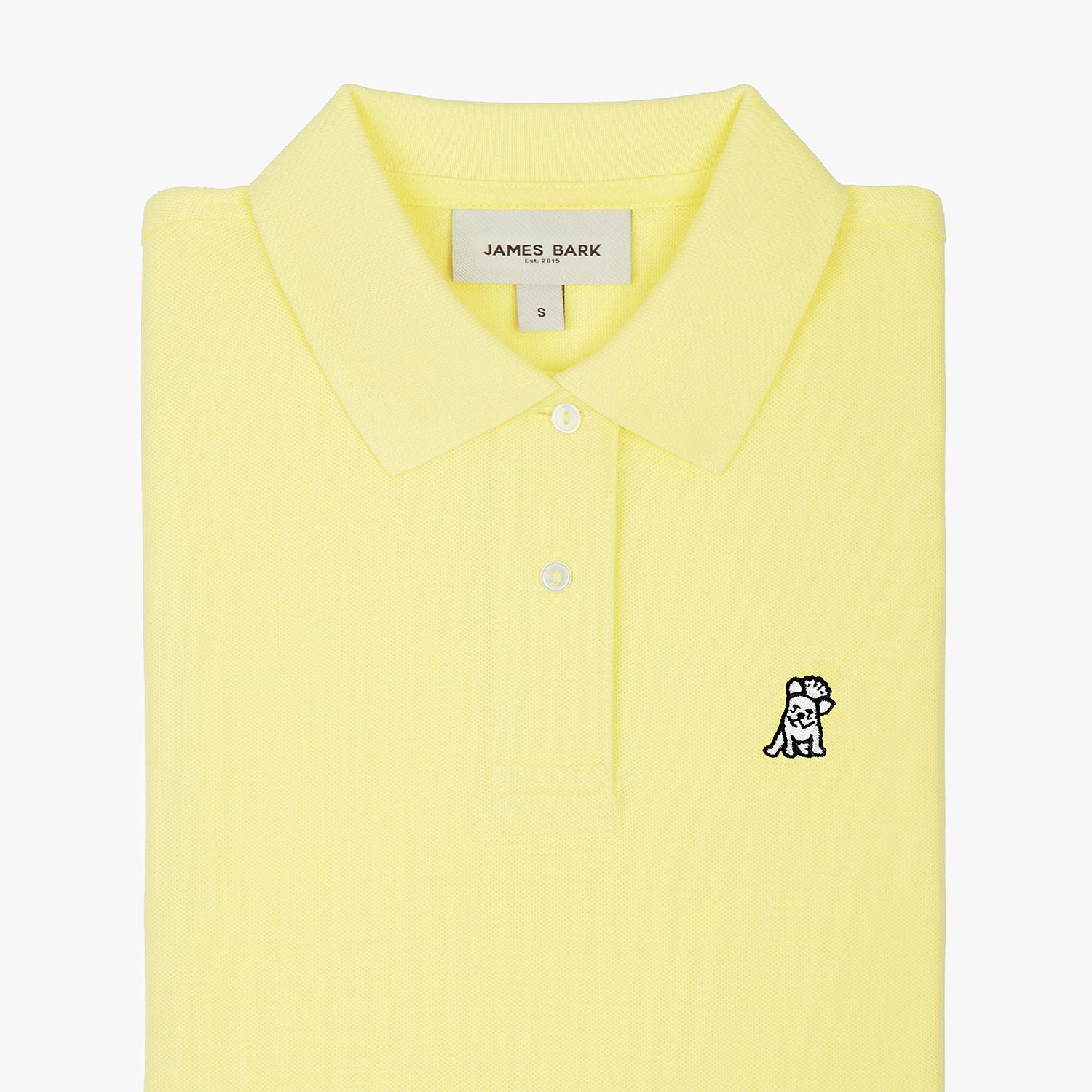 Flat-lay front view of the yellow polo shirt displaying the buttoned collar and embroidered logo.