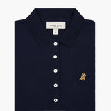 Flat-lay view of the navy blue polo shirt, showcasing the button details and gold logo on the chest.