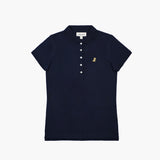 Flat-lay view of the navy blue polo shirt with button details and gold logo on the chest.