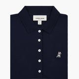 Flat-lay view of the navy blue polo shirt, showcasing the button details and white logo on the chest.