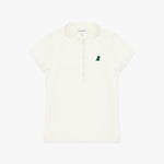 White polo shirt with a green logo on a white background