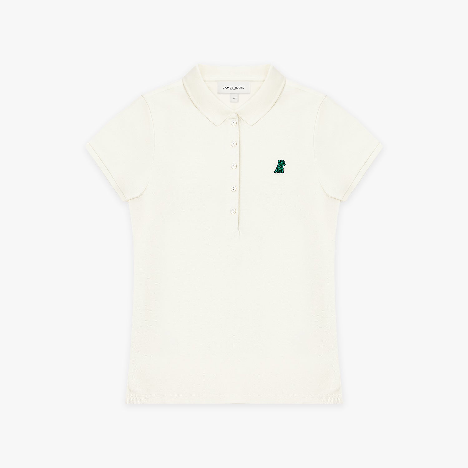 White polo shirt with a green logo on a white background