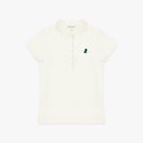 White polo shirt with a green logo on a white background