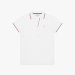 White polo shirt with thin brown accents on a white background