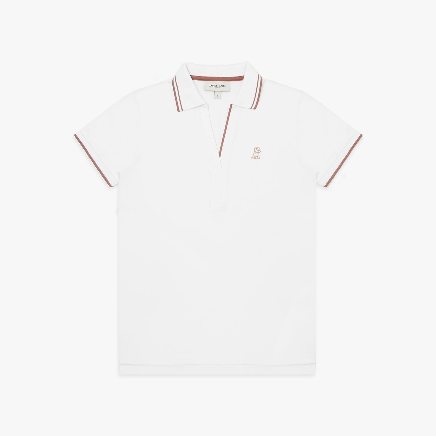 White polo shirt with thin brown accents on a white background