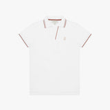 White polo shirt with thin brown accents on a white background