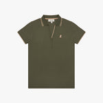 Green polo shirt with white trim on a white background