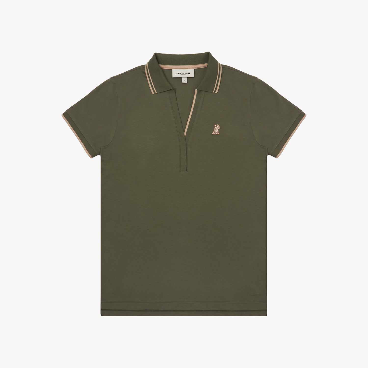 Green polo shirt with white trim on a white background