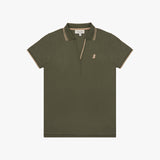 Green polo shirt with white trim on a white background