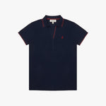 Navy blue polo shirt with red accents on a white background