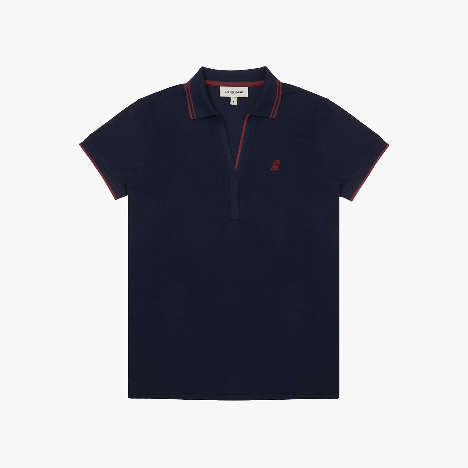 Navy blue polo shirt with red accents on a white background