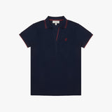 Navy blue polo shirt with red accents on a white background