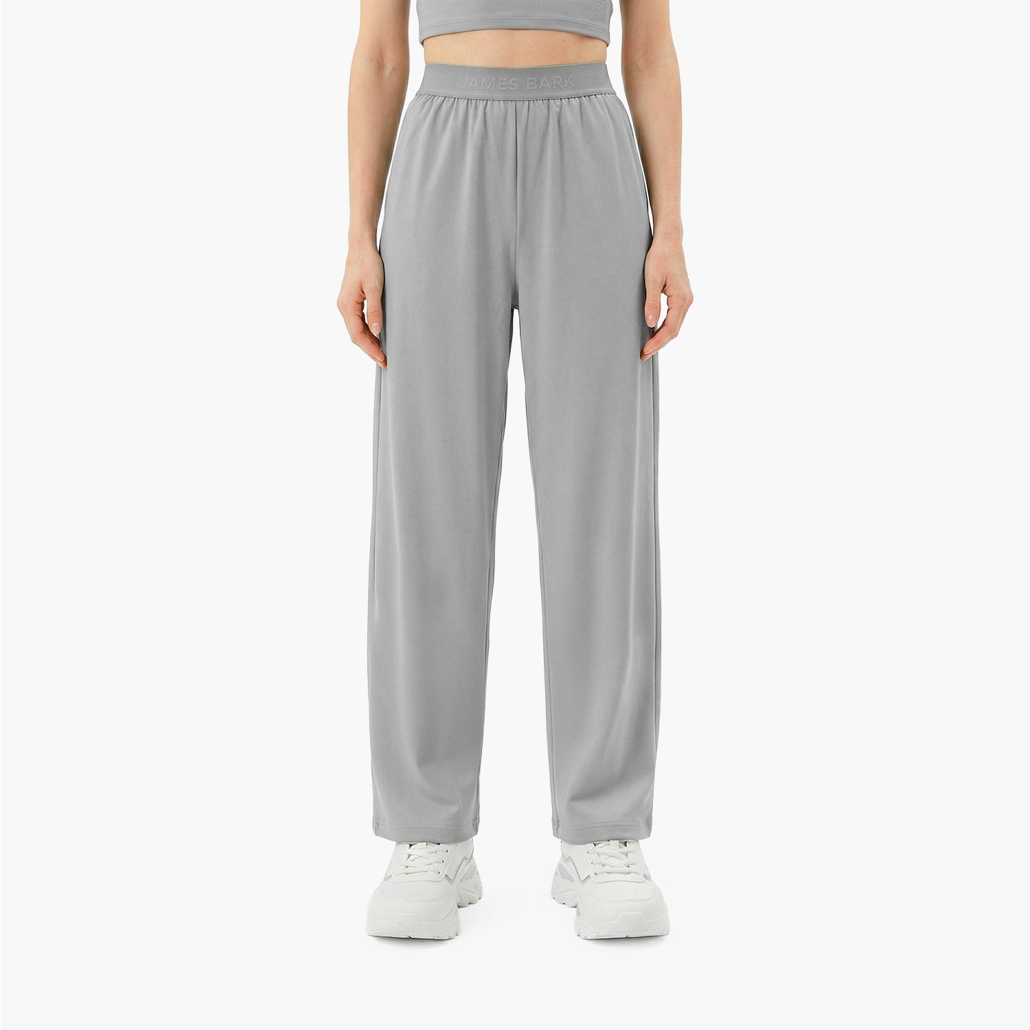Person wearing gray high-waisted pants on a white background