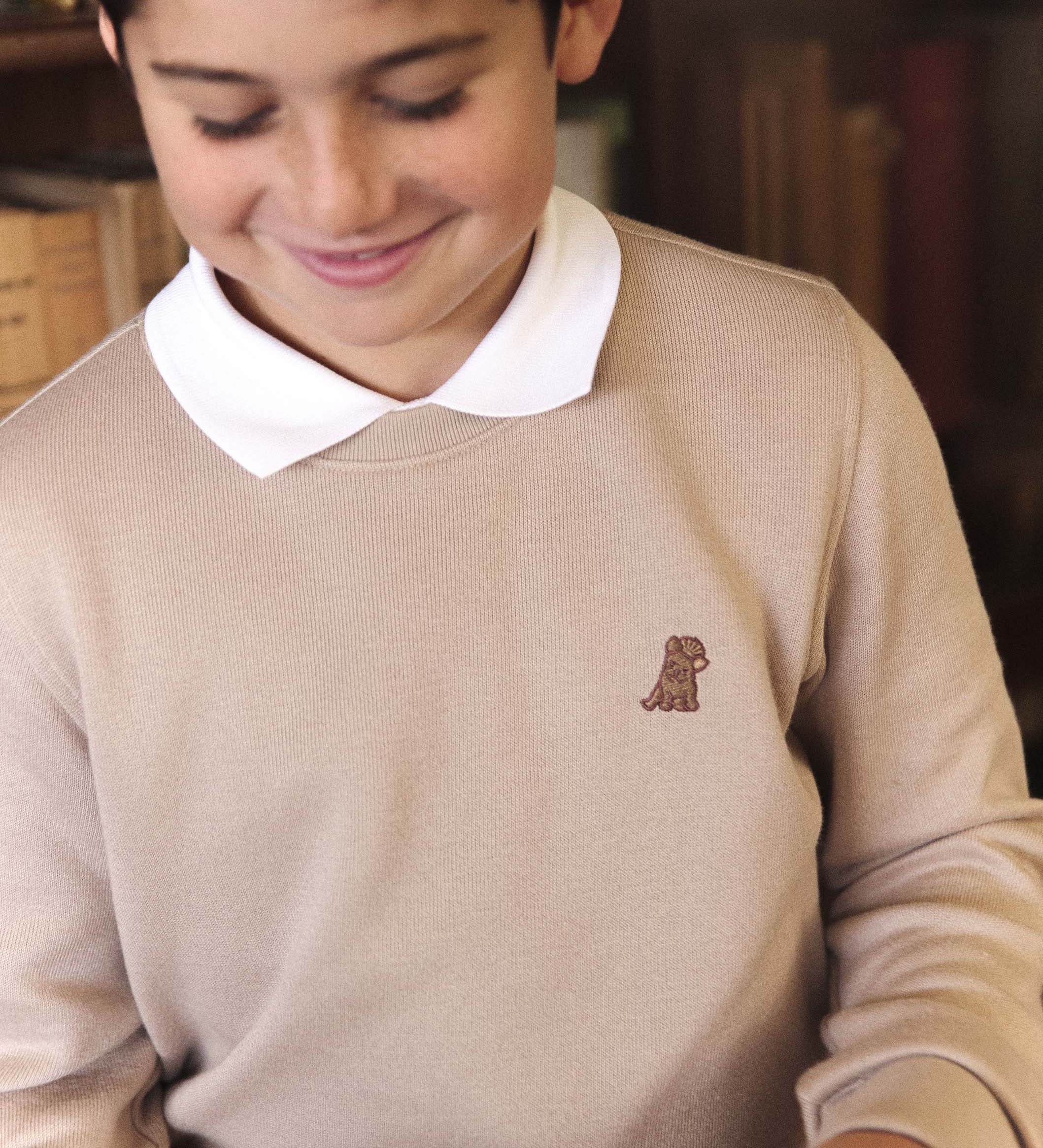 A young boy in a tan sweater with a white collar smiles while looking down at a book he is holding, with blurred bookshelves in the background. The sweater has a small dog logo.