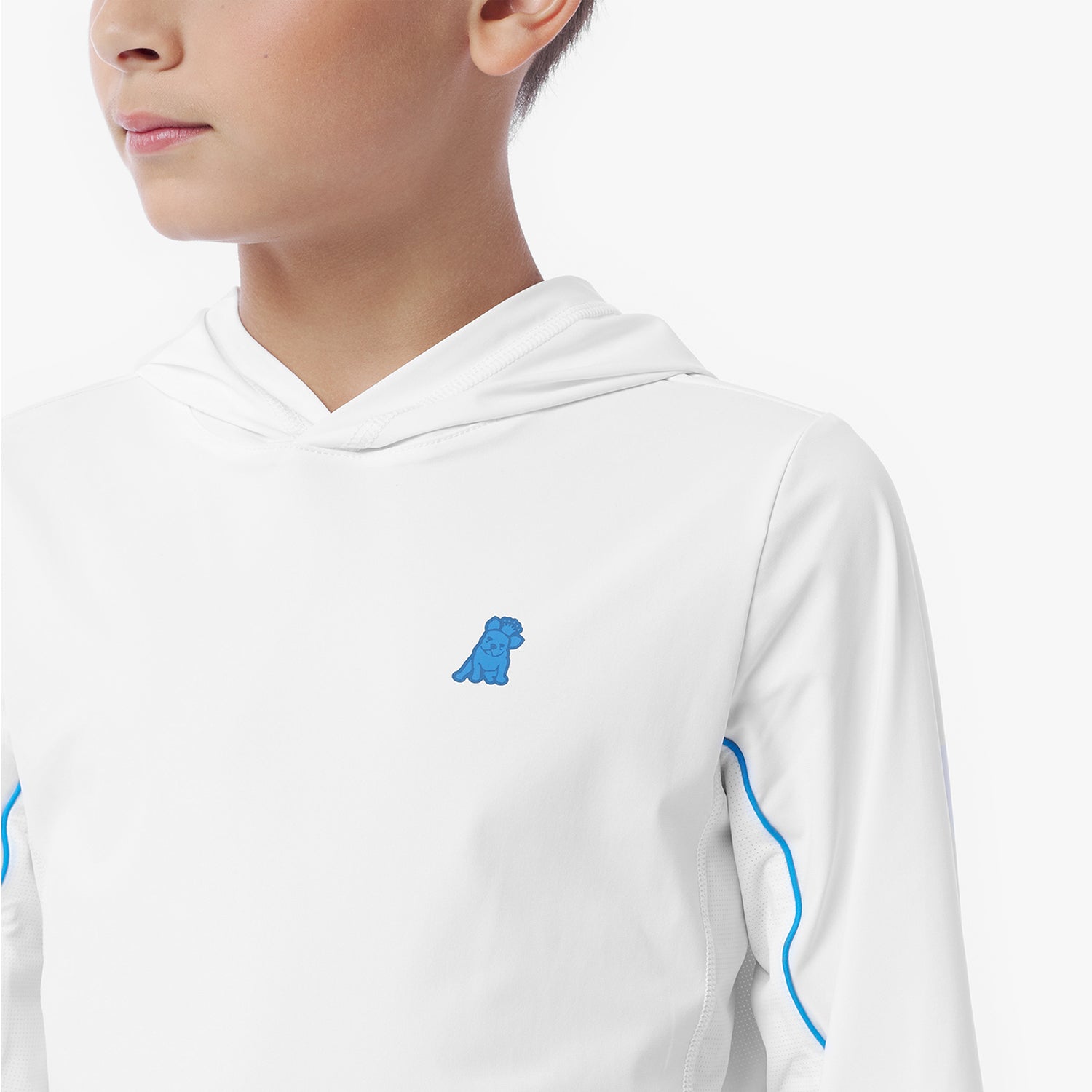 Close-up of a white hooded rashguard with blue accents worn by a child on a white background