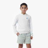 Child wearing a white hooded rashguard with blue accents and light-colored shorts on a white background