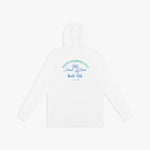 Back picture of a white hooded rashguard with blue text and palm tree design on a white background