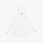 White hooded rashguard with a small logo on a white background