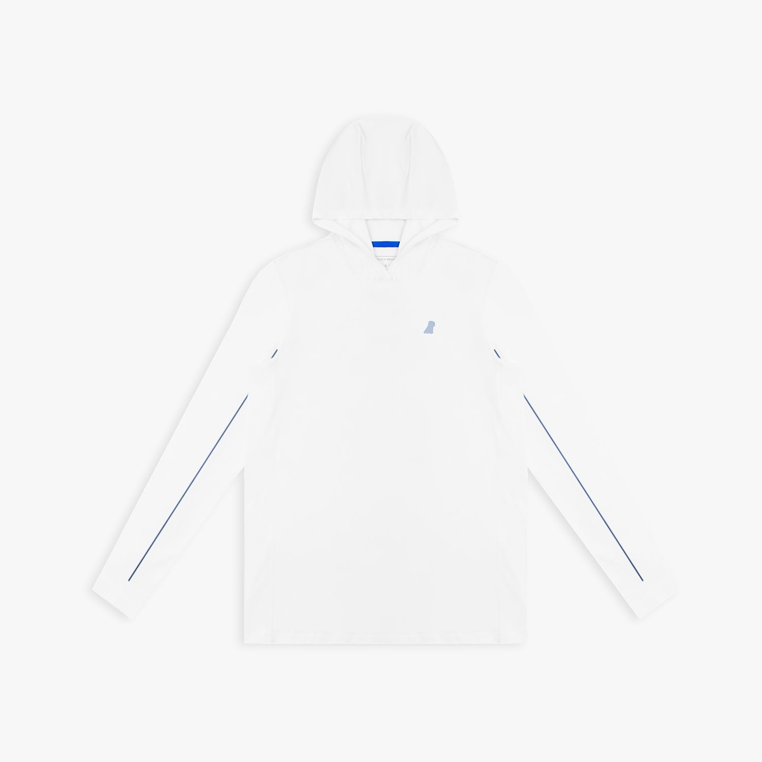 White hooded rashguard with a small logo on a white background