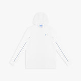 White hooded rashguard with a small logo on a white background