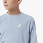 Close-up of the light blue long-sleeve rashguard with a small logo on a white background