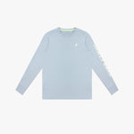 Light blue long-sleeve rashguard with text on sleeves against a white background