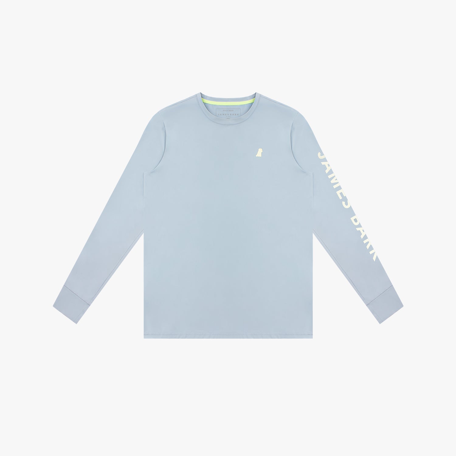 Light blue long-sleeve rashguard with text on sleeves against a white background