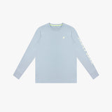 Light blue long-sleeve rashguard with text on sleeves against a white background