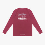 Back view of a maroon long-sleeve rashguard with white graphic design on a white background