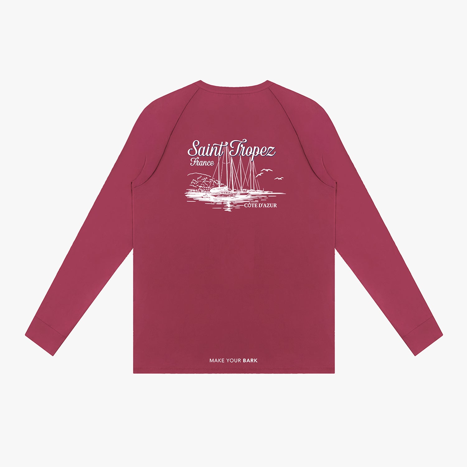Back view of a maroon long-sleeve rashguard with white graphic design on a white background