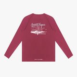 Back view of a maroon long-sleeve rashguard with white graphic design on a white background