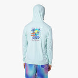 Back view of a light blue rashguard with a tropical graphic on the back