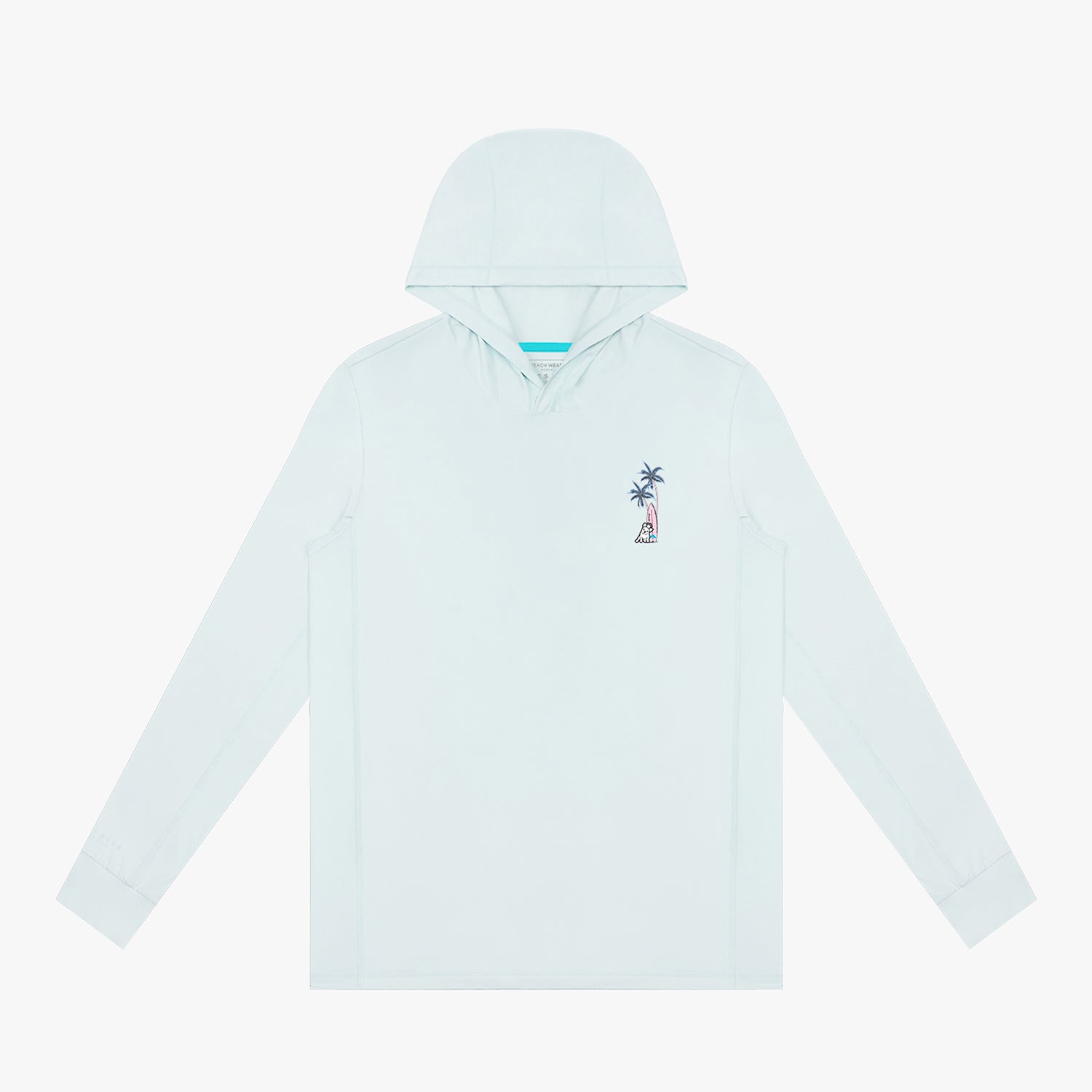 Light blue hoodie with a palm tree design on a white background